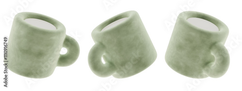 muted pistatio green colored mug cups, 3d icon cup, transparent background, png photo