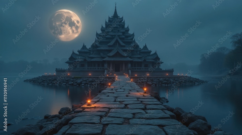 Obraz premium Ancient Temple Floating Above a Lake
