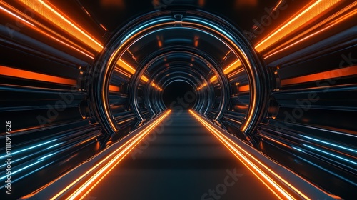 Dark futuristic background with warm orange and deep blue glowing rings at the top and bottom. Curved metallic lines create a symmetrical tunnel effect.