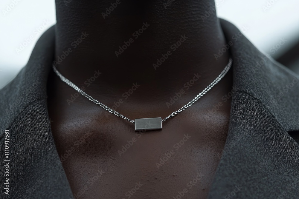 Close-up of a minimalist silver necklace worn on a dark blazer, showcasing elegant and modern fashion accessorizing. Close-up of a minimalist silver necklace worn on a dark blazer, showcasing elegant and modern fashion accessorizing.