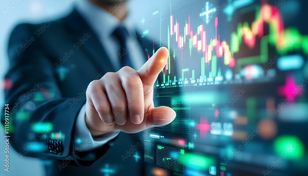 A close-up of a business professional’s hand pointing at a holographic digital screen displaying A close-up of a business professional’s hand pointing at a holographic digital screen displaying