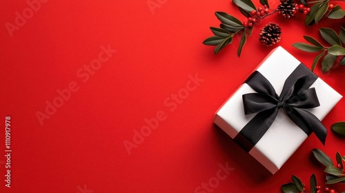 A photostock of a red and white holiday gift box with black ribbons placed on a bold red background, styled for Christmas designs. High Quality