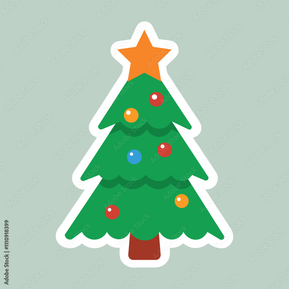 Decorated Christmas Tree Sticker with Star, Ornaments, and Holiday Charm