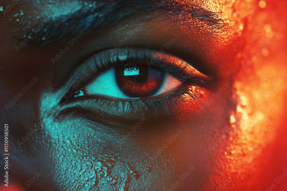 A striking close up captures a detailed eye glistening with moisture, illuminated by vibrant red and blue lighting. The contrast highlights the skins texture, evoking depth and emotion in a captivatin A striking close up captures a detailed eye glistening with moisture, illuminated by vibrant red and blue lighting. The contrast highlights the skins texture, evoking depth and emotion in a captivatin