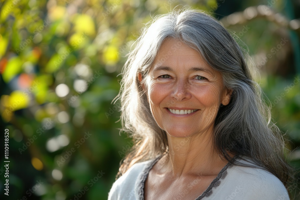 A woman with long gray hair smiles warmly in a vibrant garden filled with greenery and soft sunlight. Her relaxed demeanor and natural beauty reflect a peaceful and joyful moment surrounded by nature.