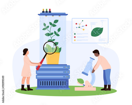 Scientists examine plants in a lab setting, using a giant magnifying glass and microscope. Test tubes, a DNA chart, and various laboratory equipment, highlighting research vector illustration photo