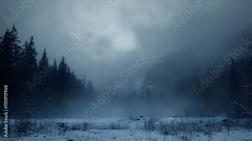 A majestic castle surrounded by snow-covered trees, set against a gray winter sky. A solitary figure walks along a snow-blanketed path leading to the castle, creating a serene and mysterious atmospher