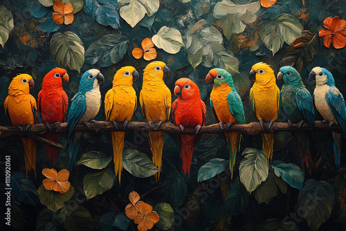 Colorful Macaws Perched On A Branch Amidst Lush Tropical Foliage photo