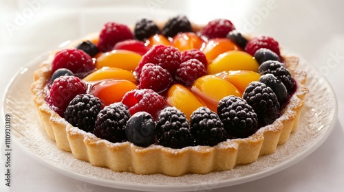 Photo of, A colorful fruit tart adorned with a medley of fresh berries and glazed with apricot jam, served on a buttery pastry crust