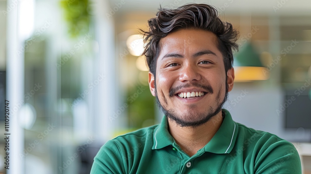 Portrait of a smiling Hispanic man in a green polo shirt, in a modern office setting. Portrait of a smiling Hispanic man in a green polo shirt, in a modern office setting.