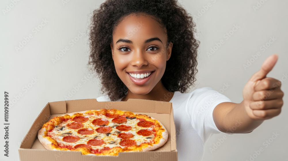 Smiling woman holding a pizza box giving thumbs up, joyful food delivery concept Smiling woman holding a pizza box giving thumbs up, joyful food delivery concept