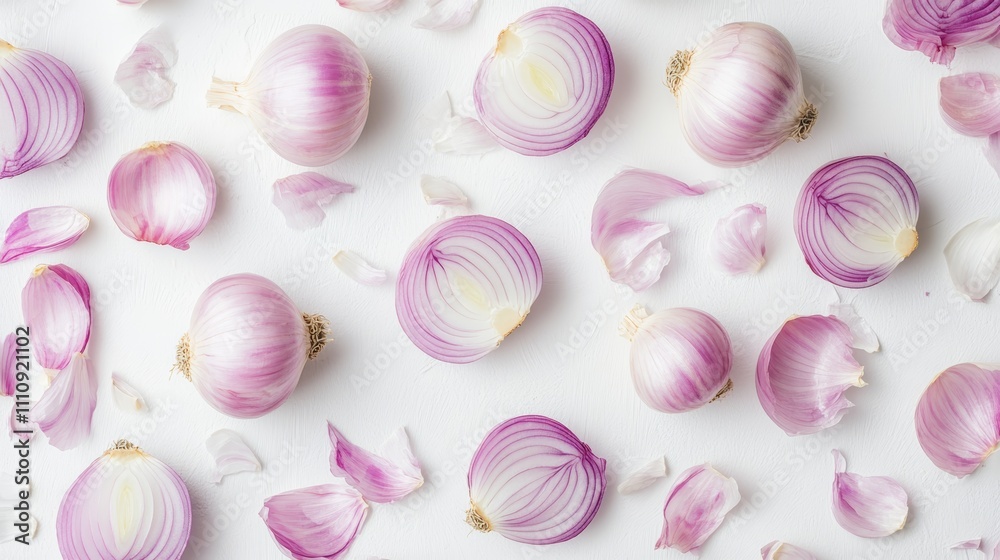 sliced red onions on white background, food texture. culinary concept