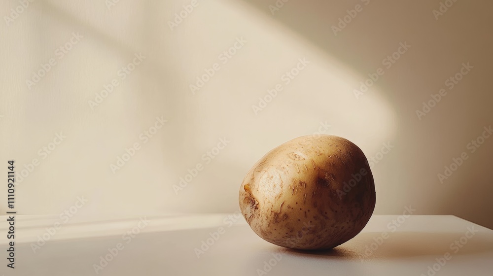 Single potato on white table in soft natural light, minimalistic still life photography