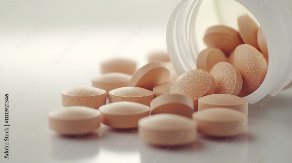 Open bottle of pills spilling out on white surface, healthcare and medicine concept Open bottle of pills spilling out on white surface, healthcare and medicine concept
