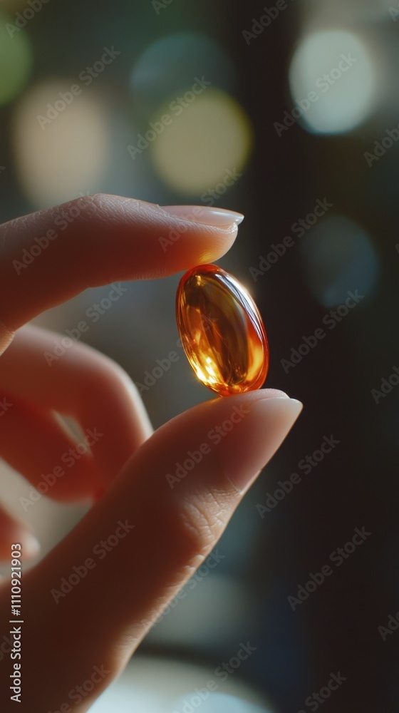 Close-up of a hand holding an amber capsule against a blurred background. Health and wellness concept Close-up of a hand holding an amber capsule against a blurred background. Health and wellness concept
