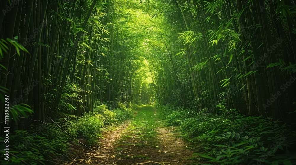 Fototapeta premium A serene bamboo forest with a lush green pathway, illuminated by soft light filtering through the foliage.