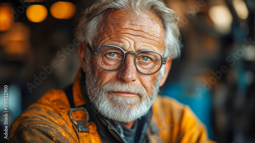 Senior man in rugged workwear, focused on welding with sparks flying in a detailed industrial setting