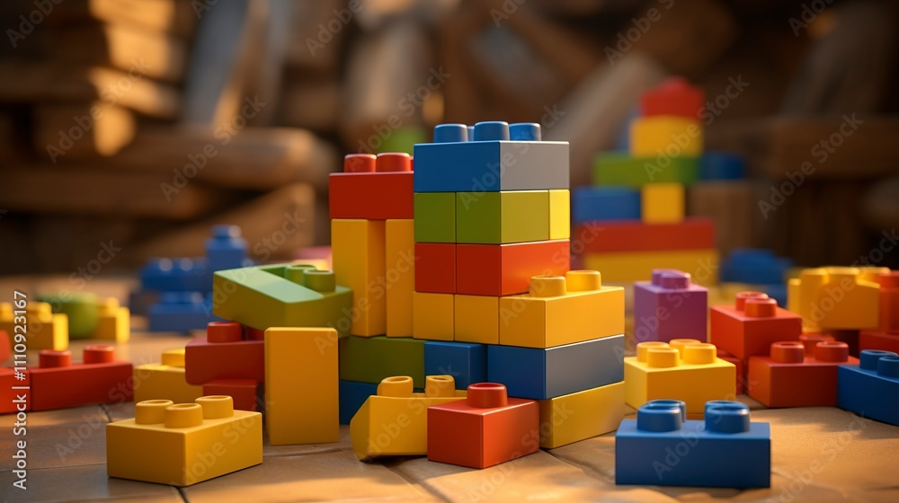 A photo of a stack of building blocks and construction A photo of a stack of building blocks and construction