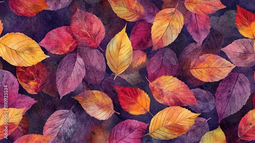 Vibrant Watercolor Autumn Leaves Seamless Pattern. Fall Foliage Background

 photo