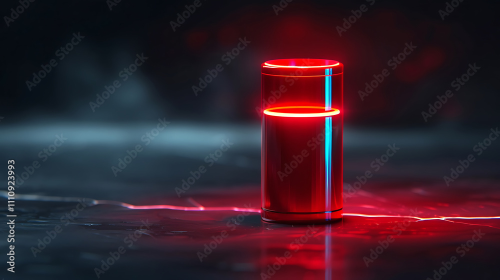 technology advertising, a minimalist k design of a low battery icon in red, on a dark abstract backdrop with space for text below
