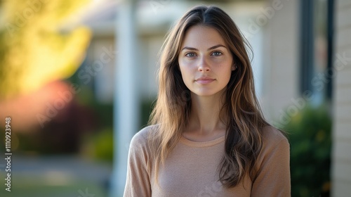 Young woman standing outdoors in soft sunlight with natural background, showcasing calm expression and relaxed demeanor during late afternoon hours Free Download Young woman standing outdoors in soft sunlight with natural background, showcasing calm expression and relaxed demeanor during late afternoon hours - GFXLoad