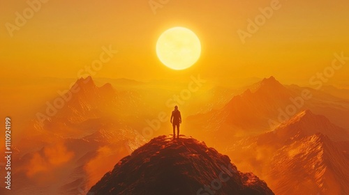 Breathtaking Sunrise Over Majestic Mountain Range with Solitary Figure Standing on Summit Amidst Dreamy Orange Sky and Glowing Sunlight