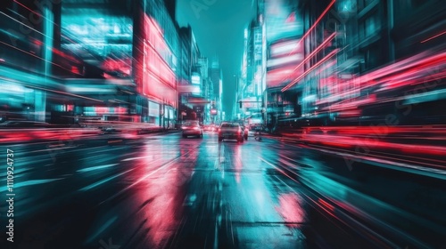 Futuristic City Street at Night with Neon Lights and Motion Blur Effects