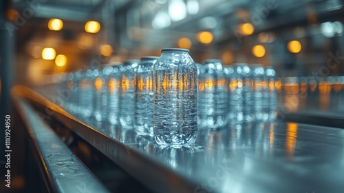 Bottled water on a production line with warm lighting in an industrial setting.