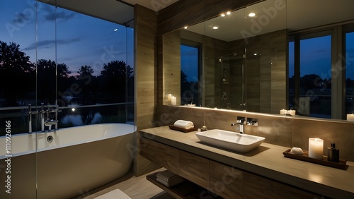 Modern bathroom with shower, bathtub, mirror, and washstand that is illuminated at night