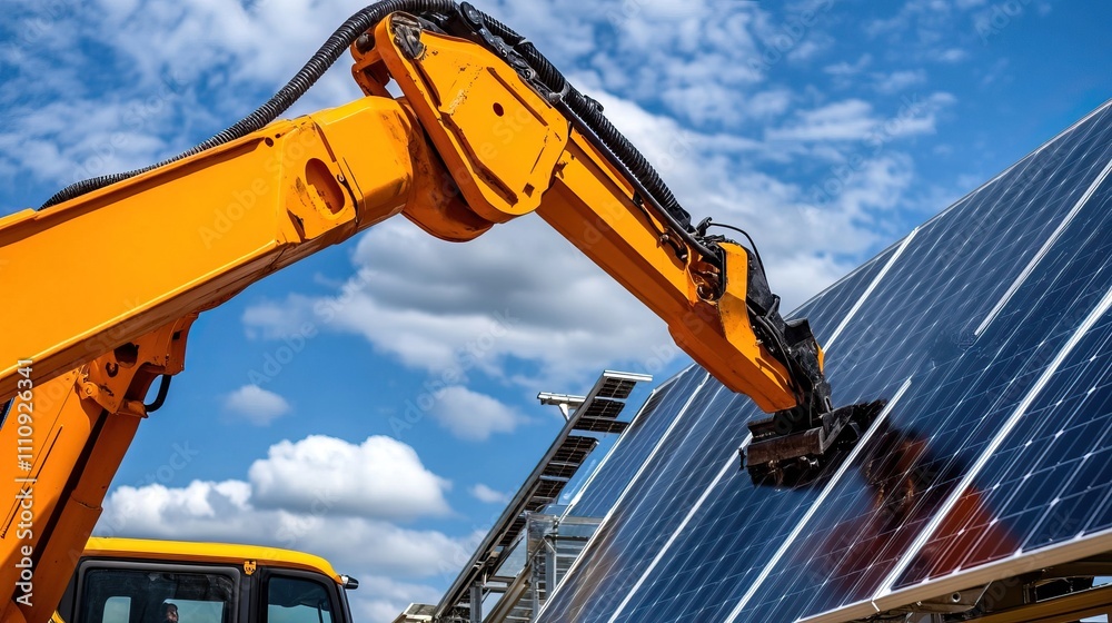 Fototapeta premium A yellow excavator arm installs solar panels under a bright blue sky, highlighting renewable energy advancements and construction technology.