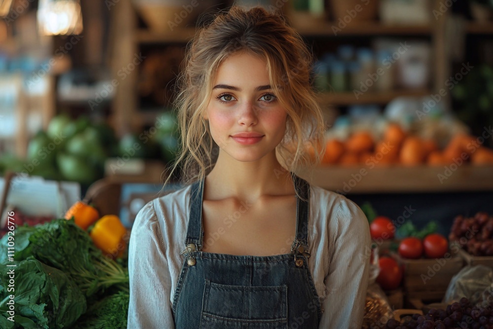 A female seller in a farm shop - displays organic products on the shelves or at the counter, emphasizing the quality of the products.
A female seller in a farm shop - displays organic products on the shelves or at the counter, emphasizing the quality of the products.