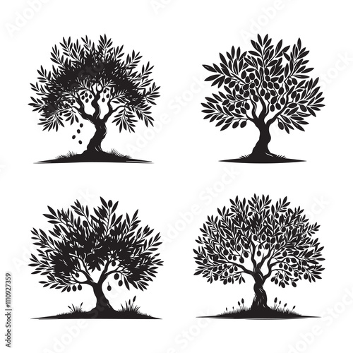 Black Color Olive Tree Silhouette Vector Illustration, Solid White Background.