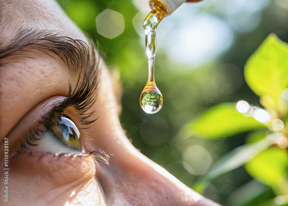 Closeup of brown human eye with water droplet, vision and eyesight, anatomy background