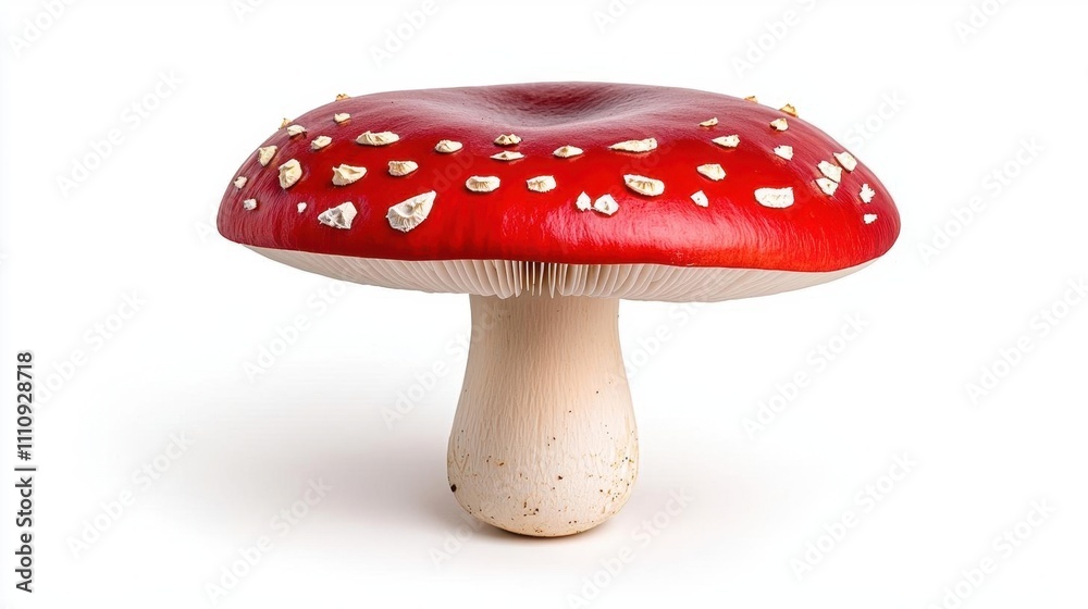 A photostock of a red Amanita mushroom with white spots, placed on a clean white background, perfect for natural or fantasy designs. High Quality A photostock of a red Amanita mushroom with white spots, placed on a clean white background, perfect for natural or fantasy designs. High Quality