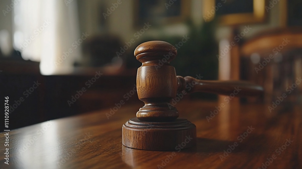 Wooden gavel on a rich mahogany table in a courtroom setting. Wooden gavel on a rich mahogany table in a courtroom setting.