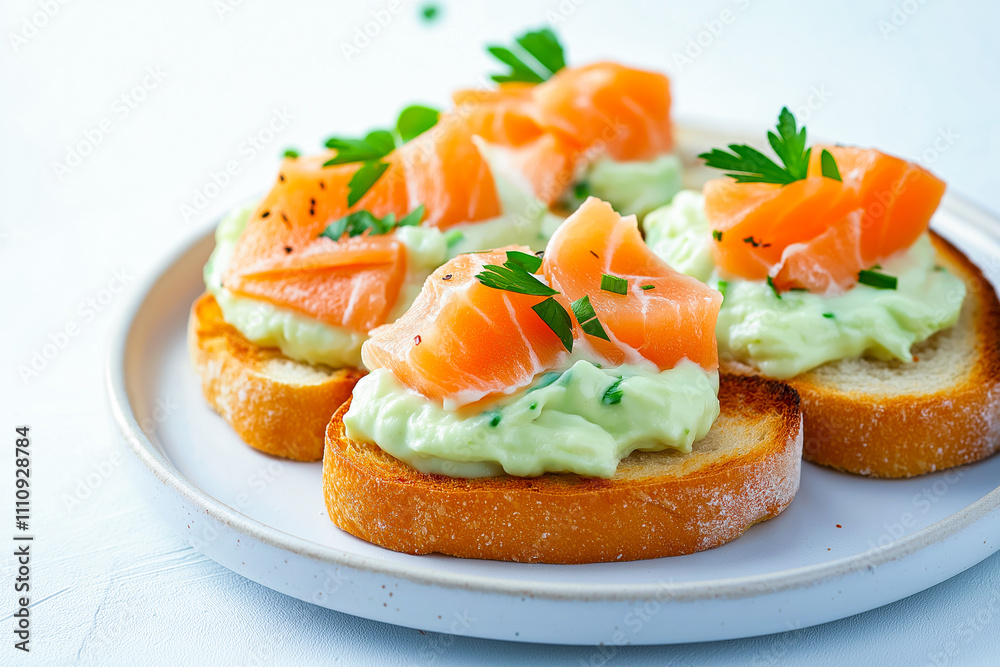 Savory toast topped with creamy avocado sauce and fresh salmon garnished with herbs served on a white plate Savory toast topped with creamy avocado sauce and fresh salmon garnished with herbs served on a white plate