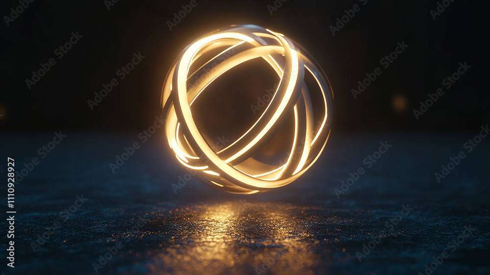 Over a black surface, a 3D incandescent spherical hanging in midair and encircled by interlocking rings of light Over a black surface, a 3D incandescent spherical hanging in midair and encircled by interlocking rings of light