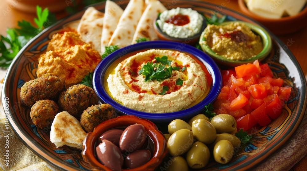 Photo of, A colorful plate of Mediterranean mezze platter including hummus, falafel Photo of, A colorful plate of Mediterranean mezze platter including hummus, falafel