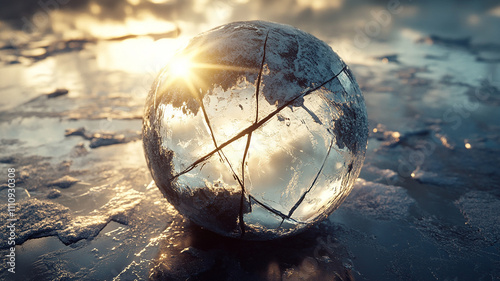 An extremely realistic, three-dimensional close-up of a broken ice sphere with reflections and refractions from sunlight 
