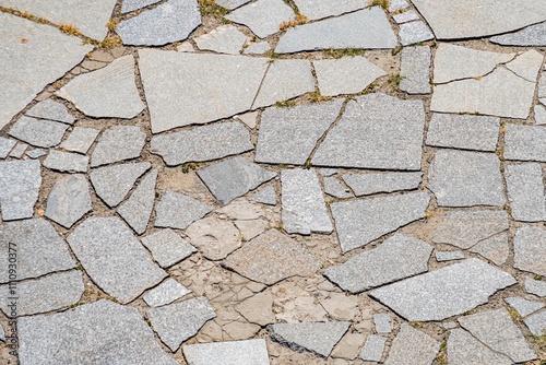 Image shows a worn, interlocking stone or concrete tile surface with a damaged section The surrounding area appears well-trodden and there is vegetation growing in crevices No distinguishing marks photo