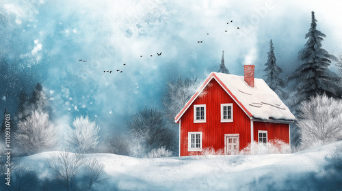 Watercolor red winter house with snow. 3D Rendering 