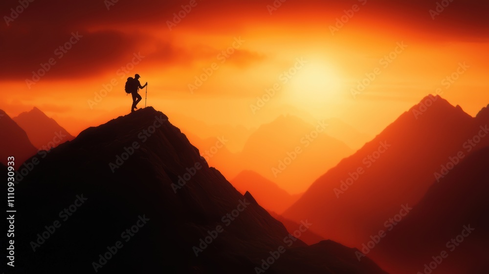 Solo hiker conquering a mountain at sunset Solo hiker conquering a mountain at sunset