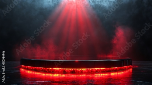 Circular podium made of polished black glass, with a red spotlight shining from above, creating a dramatic effect.