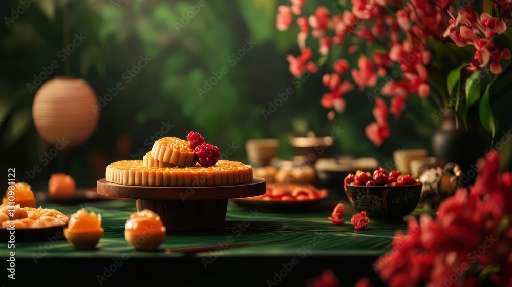 Elegant dessert display amidst vibrant floral decor Elegant dessert display amidst vibrant floral decor