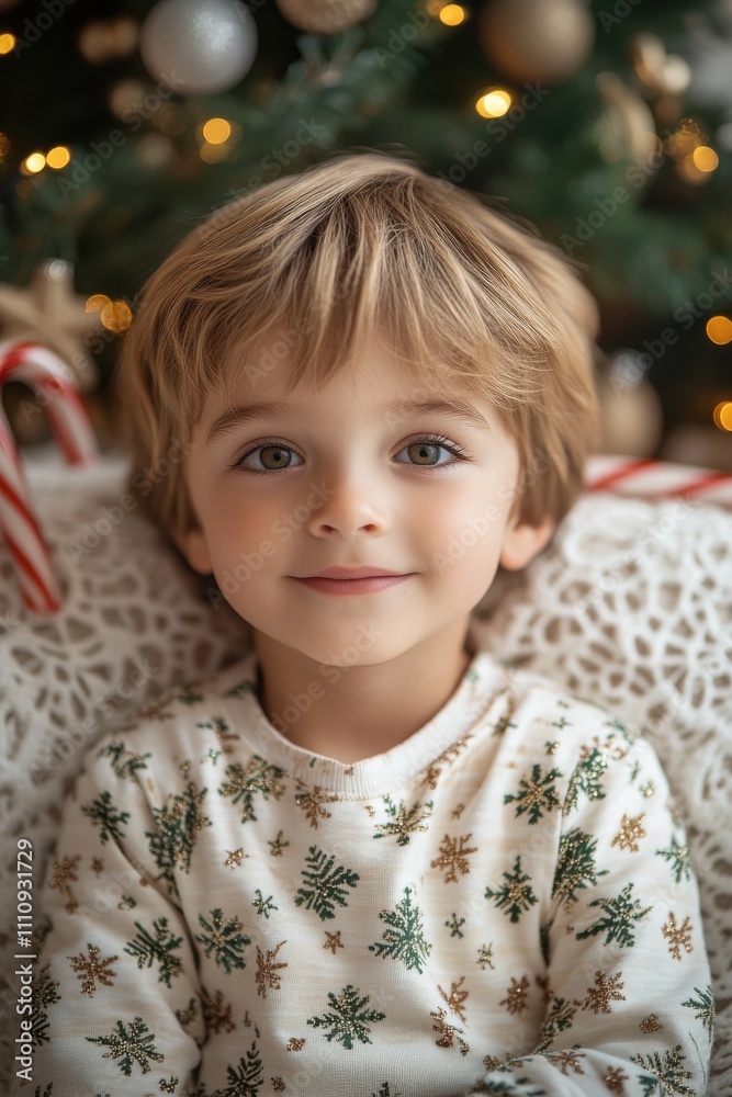 Joyful child with golden hair smiles, surrounded by festive decorations during the Christmas season, capturing the warmth of family holiday moments