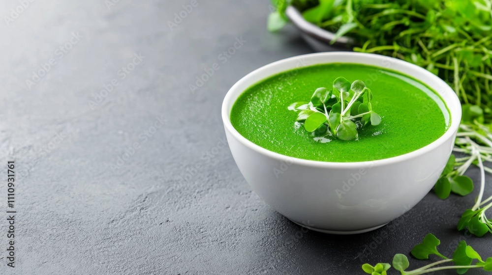 Fresh Green Spinach Soup in White Bowl with Microgreens on Slate Background - Healthy Vegan Cuisine and Detox Diet Concept in Stock Photography Fresh Green Spinach Soup in White Bowl with Microgreens on Slate Background - Healthy Vegan Cuisine and Detox Diet Concept in Stock Photography