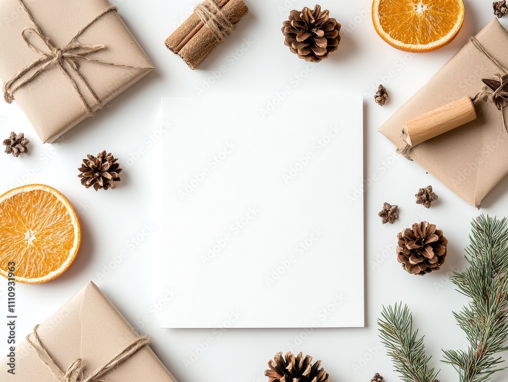 A blank card surrounded by wrapped gifts, pinecones, and sprigs of greenery, creates an inviting scene teeming with the joy and anticipation of the holiday season. A blank card surrounded by wrapped gifts, pinecones, and sprigs of greenery, creates an inviting scene teeming with the joy and anticipation of the holiday season.