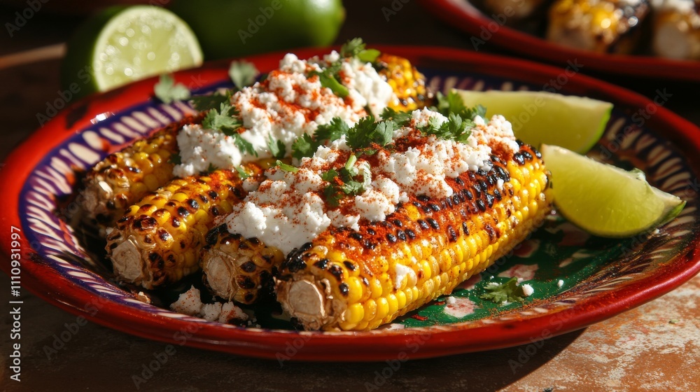 Photo of, A colorful plate of Mexican street corn topped with mayonnaise, cotija cheese Photo of, A colorful plate of Mexican street corn topped with mayonnaise, cotija cheese