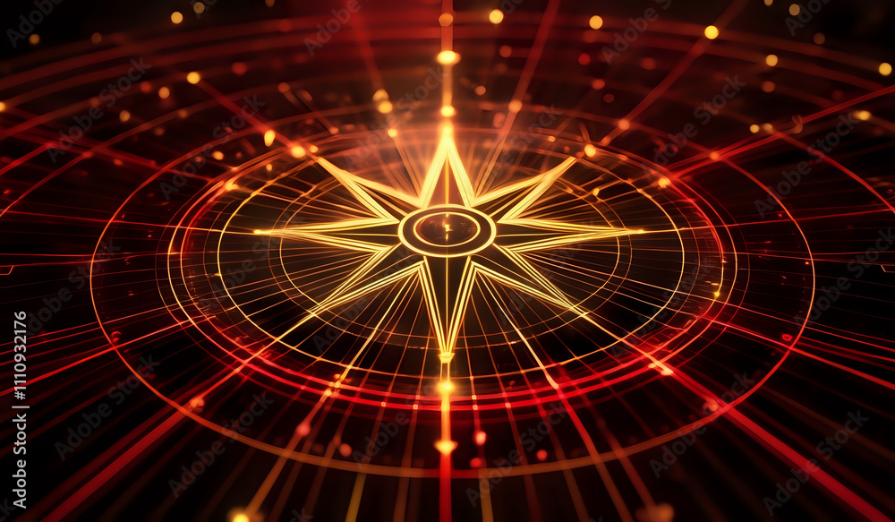 A holographic nautical compass on top of glowing lines representing network communication with sparkles of light in red and yellow tones A holographic nautical compass on top of glowing lines representing network communication with sparkles of light in red and yellow tones