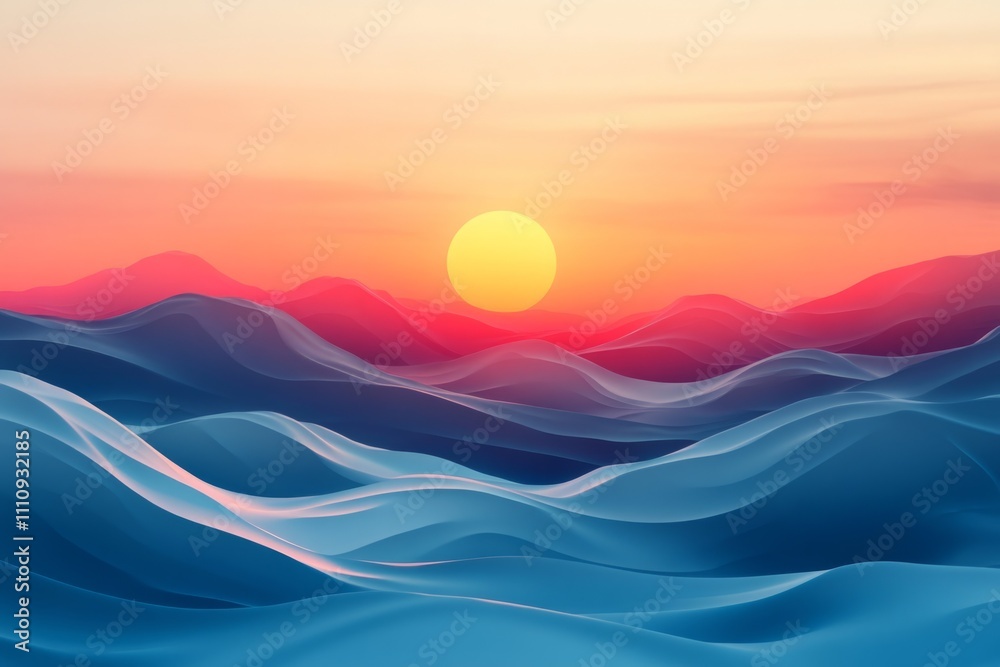 Rolling hills landscape bathed in the warm glow of a colorful sunset, creating a serene and picturesque scene Rolling hills landscape bathed in the warm glow of a colorful sunset, creating a serene and picturesque scene